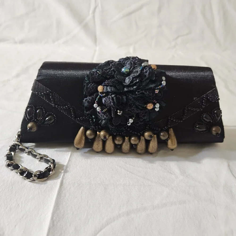 Women Vintage Small Black Satin Beaded Evening Shoulder Clutch Bag Formal Party